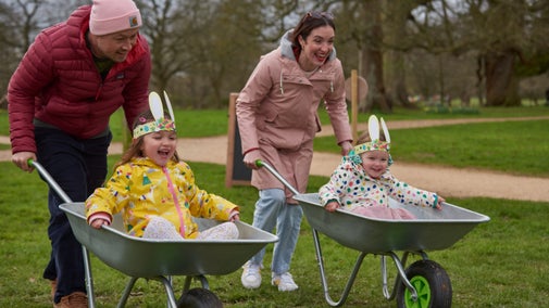 Wheelbarrow race on the Easter trail at Felbrigg Hall, Gardens and Estate, Norfolk